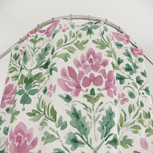 Floral Pink Green Damask Shower Curtain