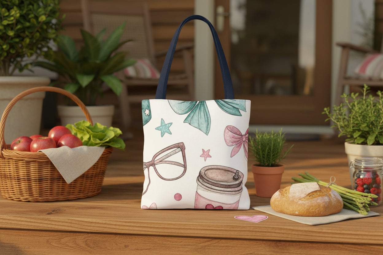 Cute Pastel Bow & Coffee Tote Bag