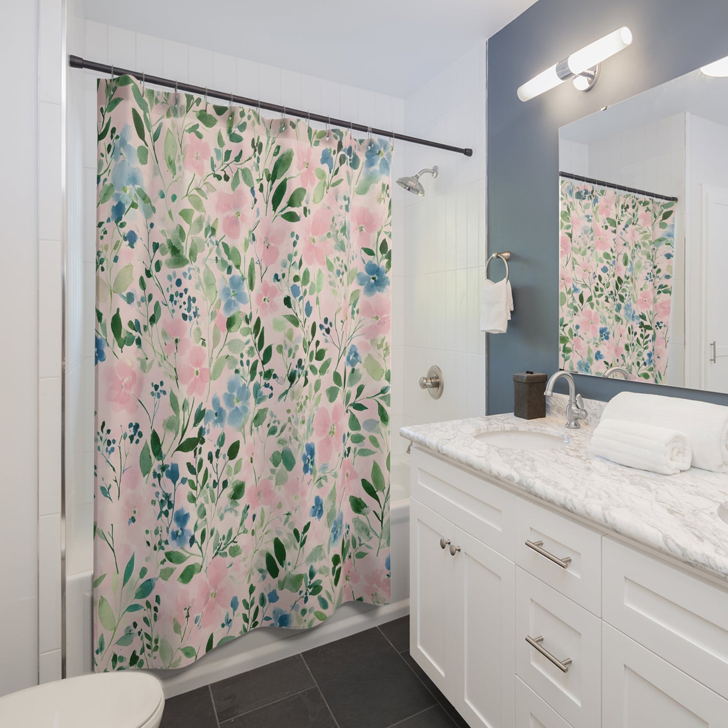 Floral Pink & Blue Watercolor Shower Curtain