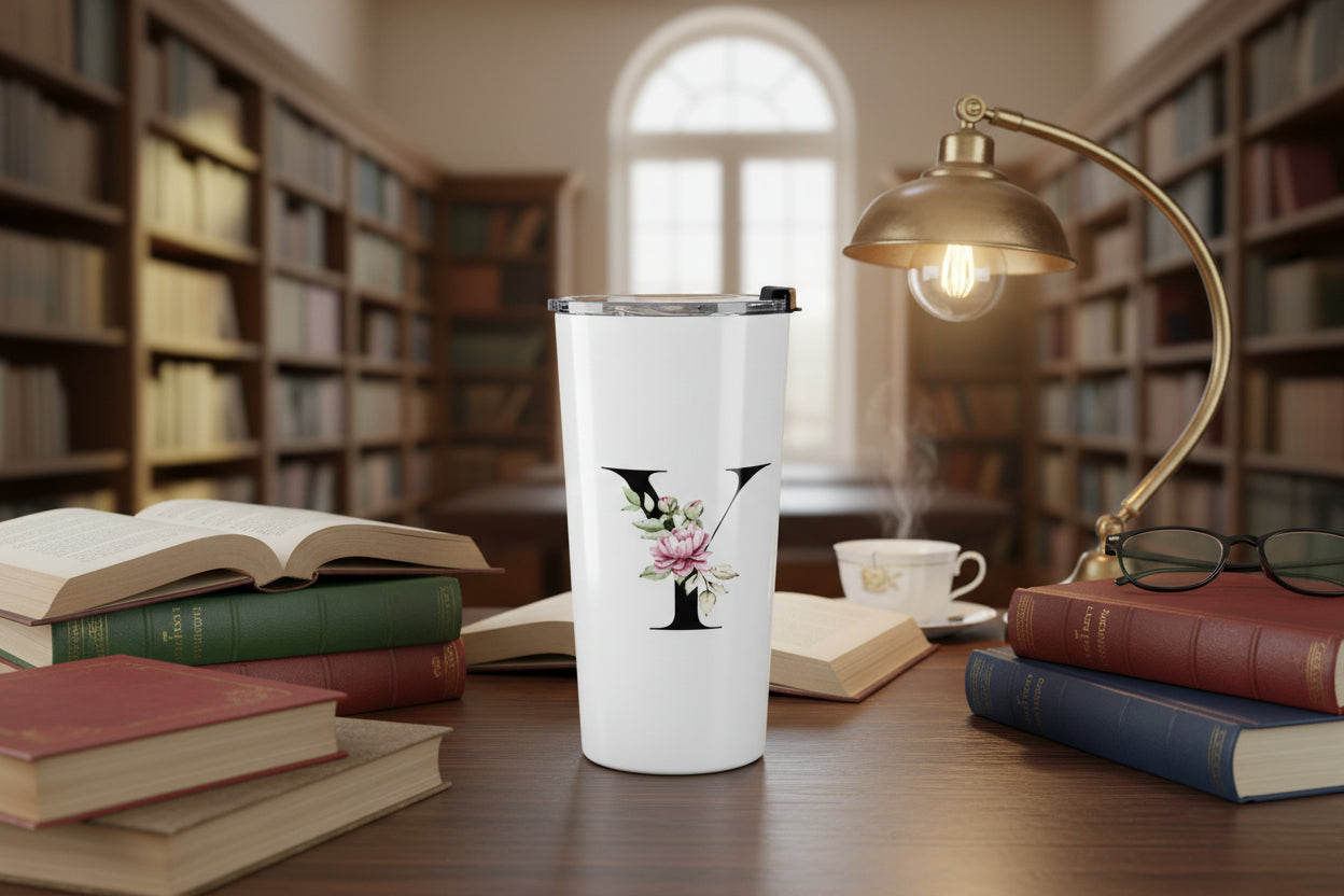 Elegant Letter "A-Z" Floral Monogram Tumbler 20oz