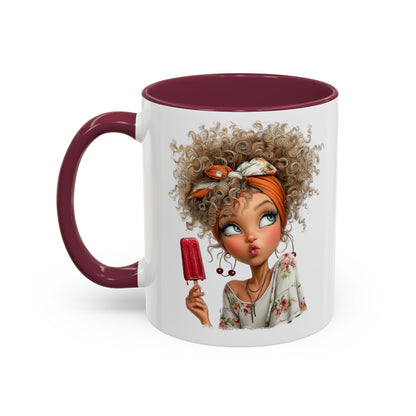 Cute Popsicle Illustrated Curly-Haired Girl Art Coffee Mug