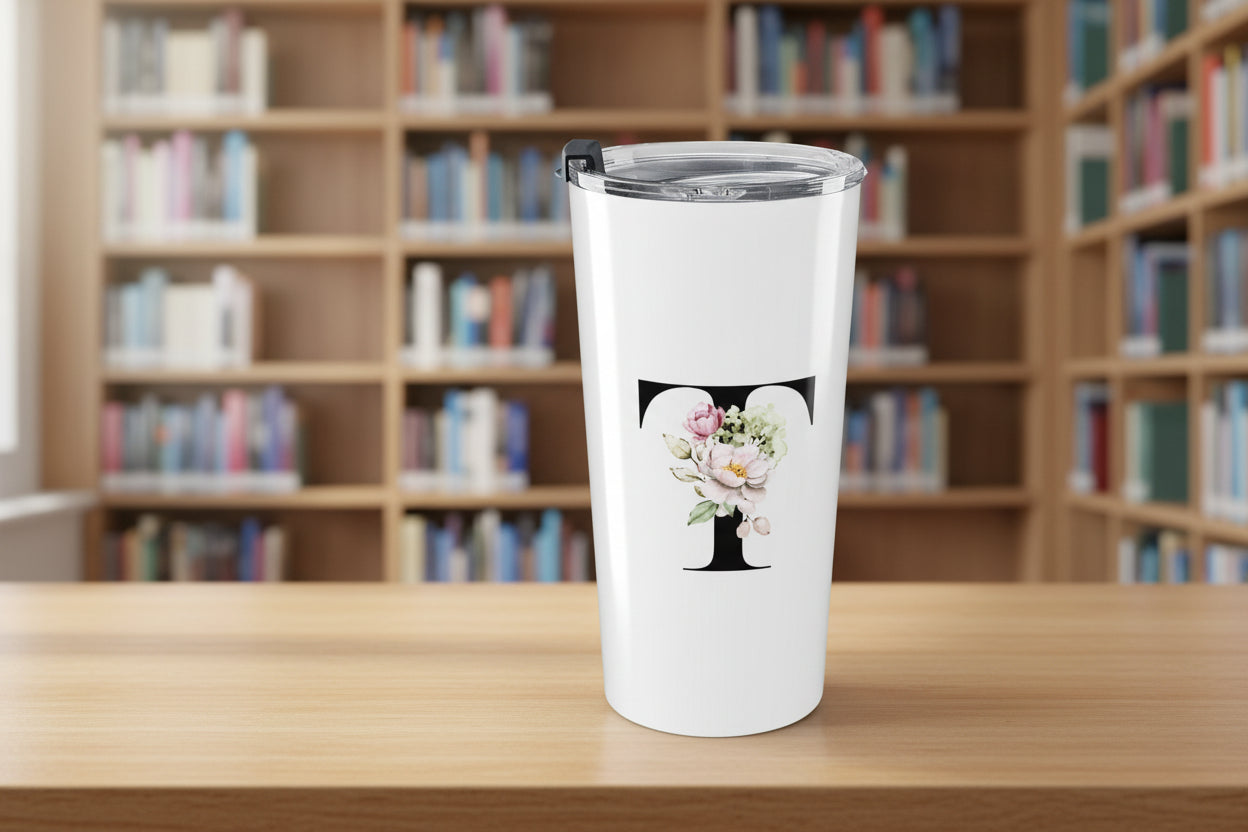 Elegant Letter "A-Z" Floral Monogram Tumbler 20oz