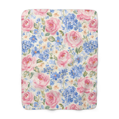 Cozy Vintage Pink Rose & Blue Hydrangea Sherpa Throw