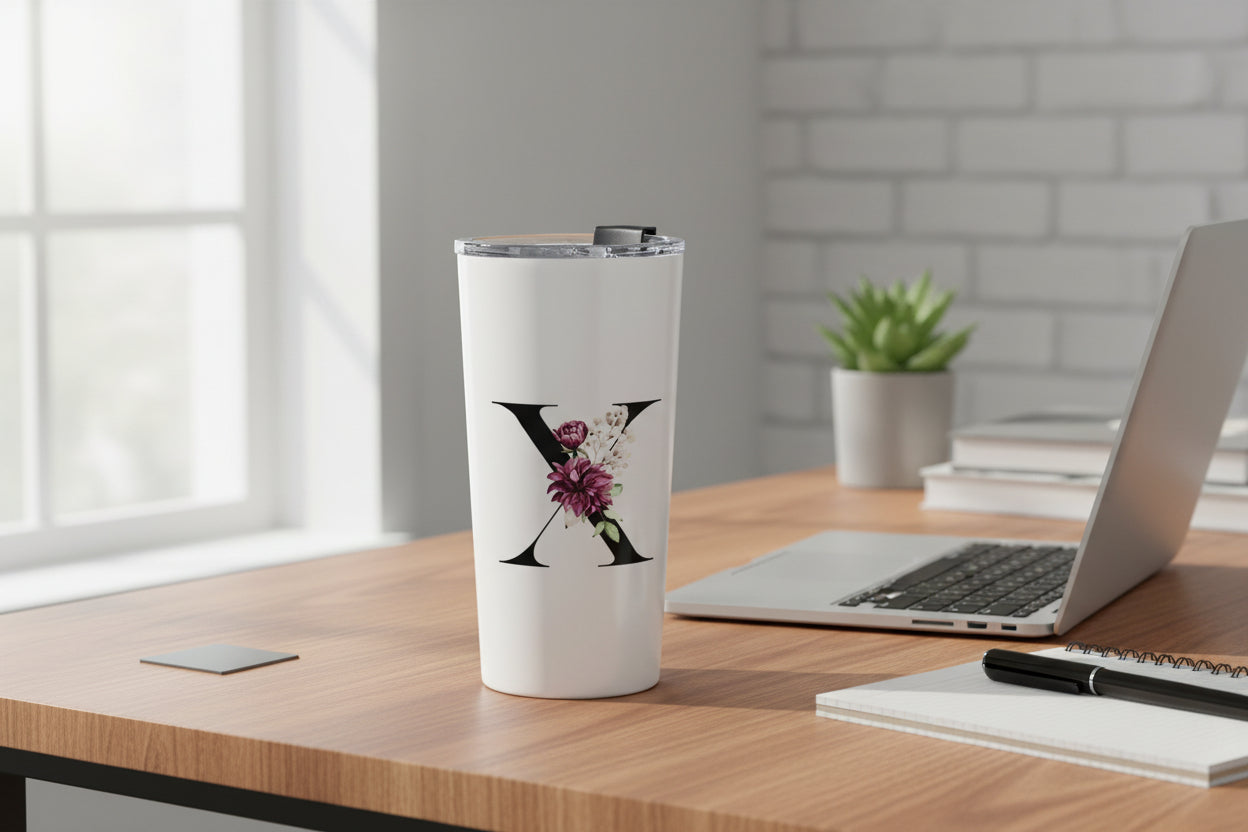 Elegant Letter "A-Z" Floral Monogram Tumbler 20oz