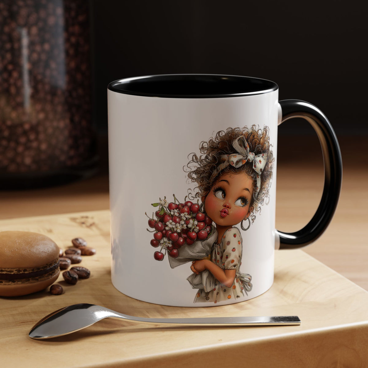 Cute Curly Girl with Berries Accent Mug