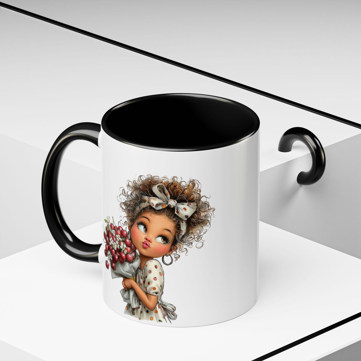 Cute Curly Girl with Berries Accent Mug