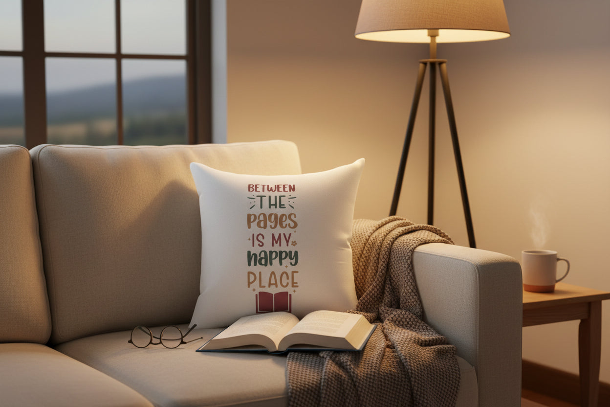 "Between the Pages Is My Happy Place" Square Book Lover Pillow
