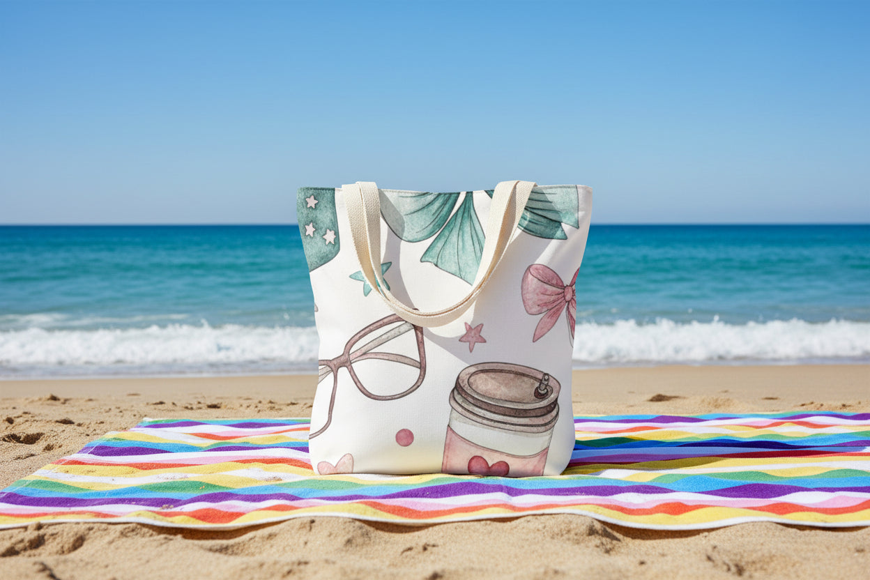 Cute Pastel Bow & Coffee Tote Bag