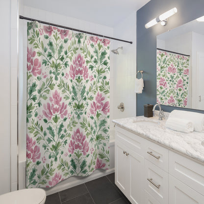 Floral Pink Green Damask Shower Curtain
