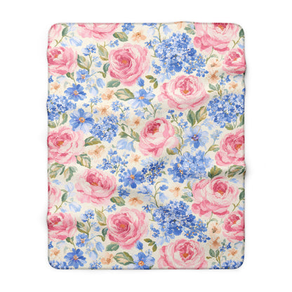 Cozy Vintage Pink Rose & Blue Hydrangea Sherpa Throw