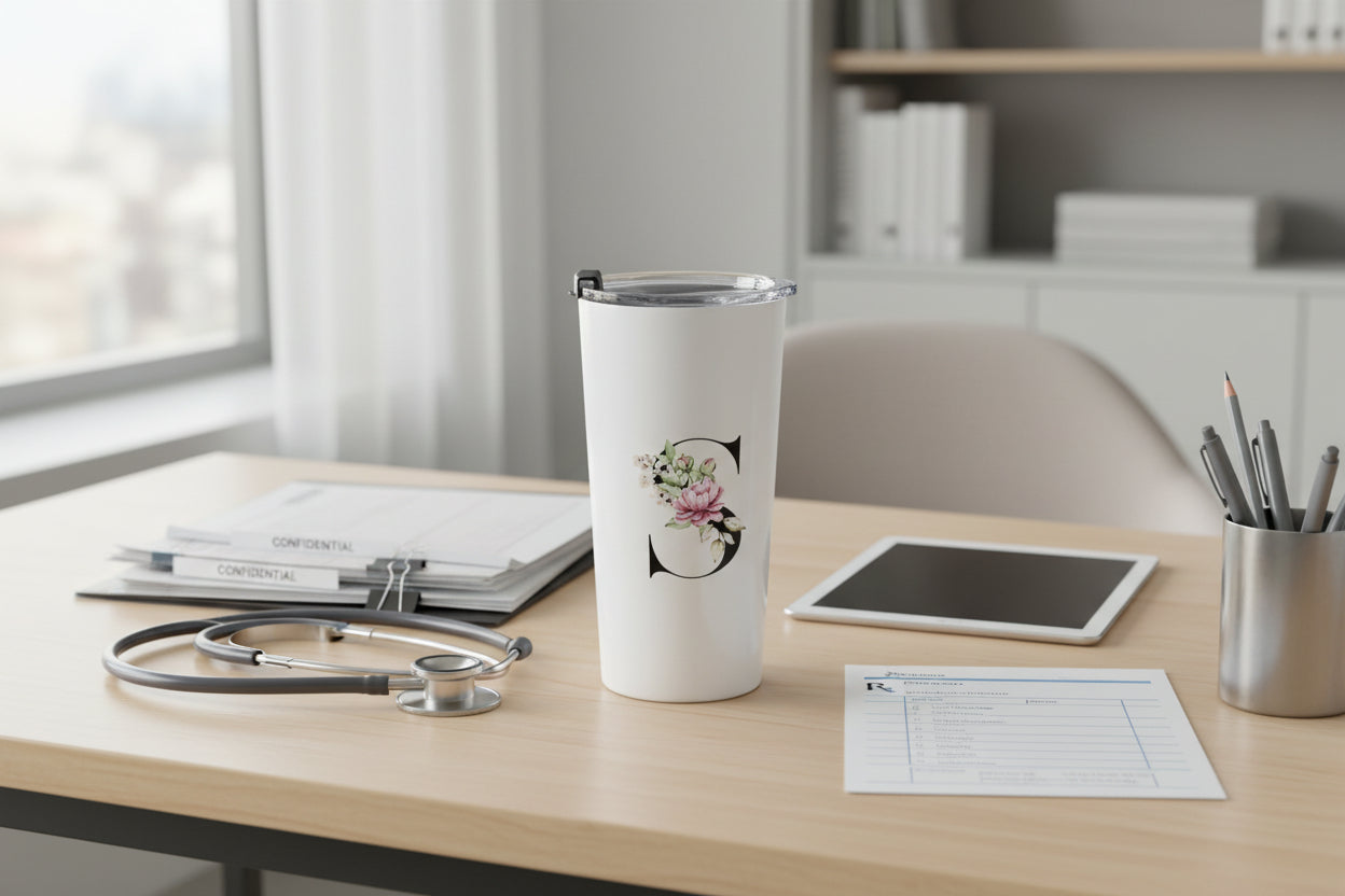 Elegant Letter "A-Z" Floral Monogram Tumbler 20oz
