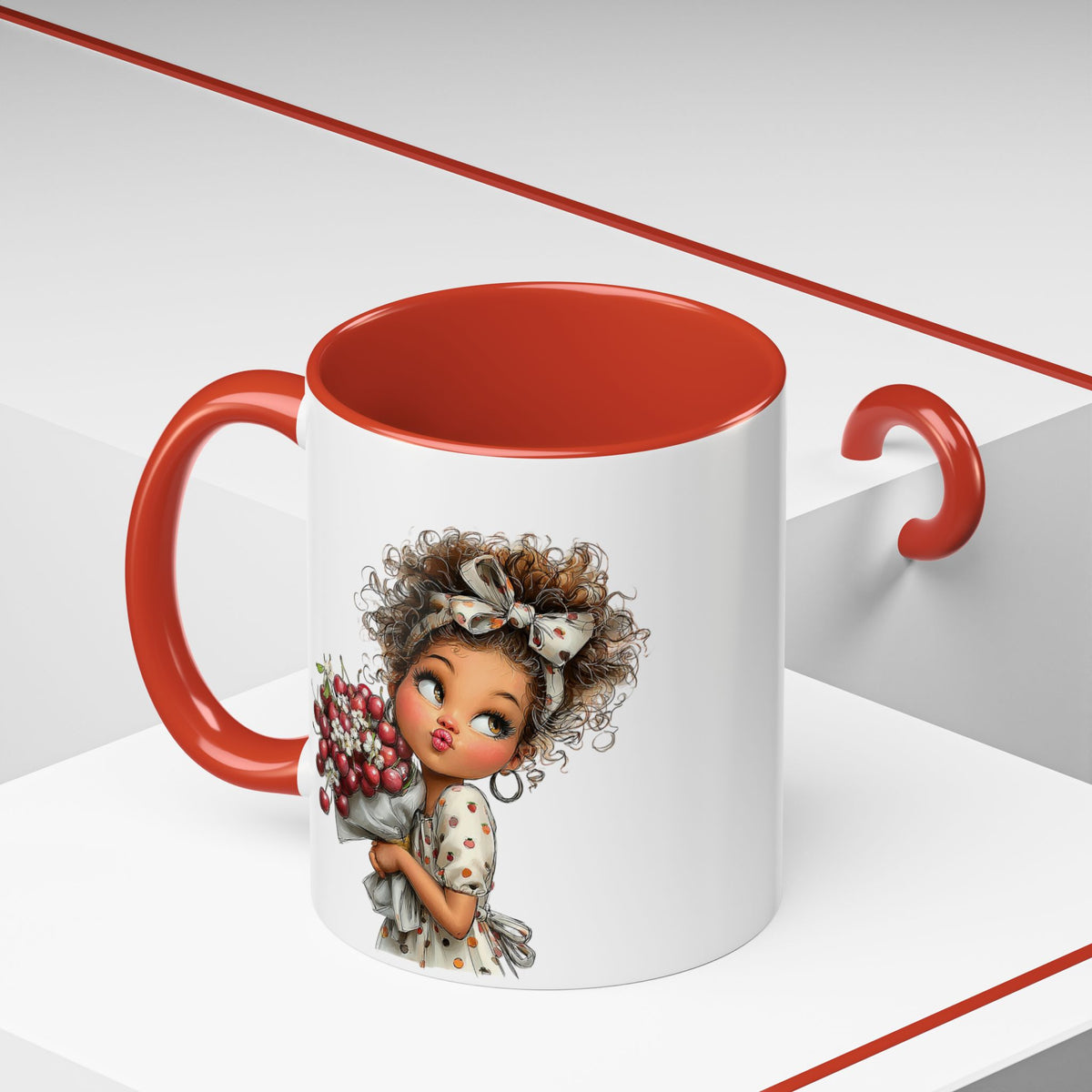 Cute Curly Girl with Berries Accent Mug