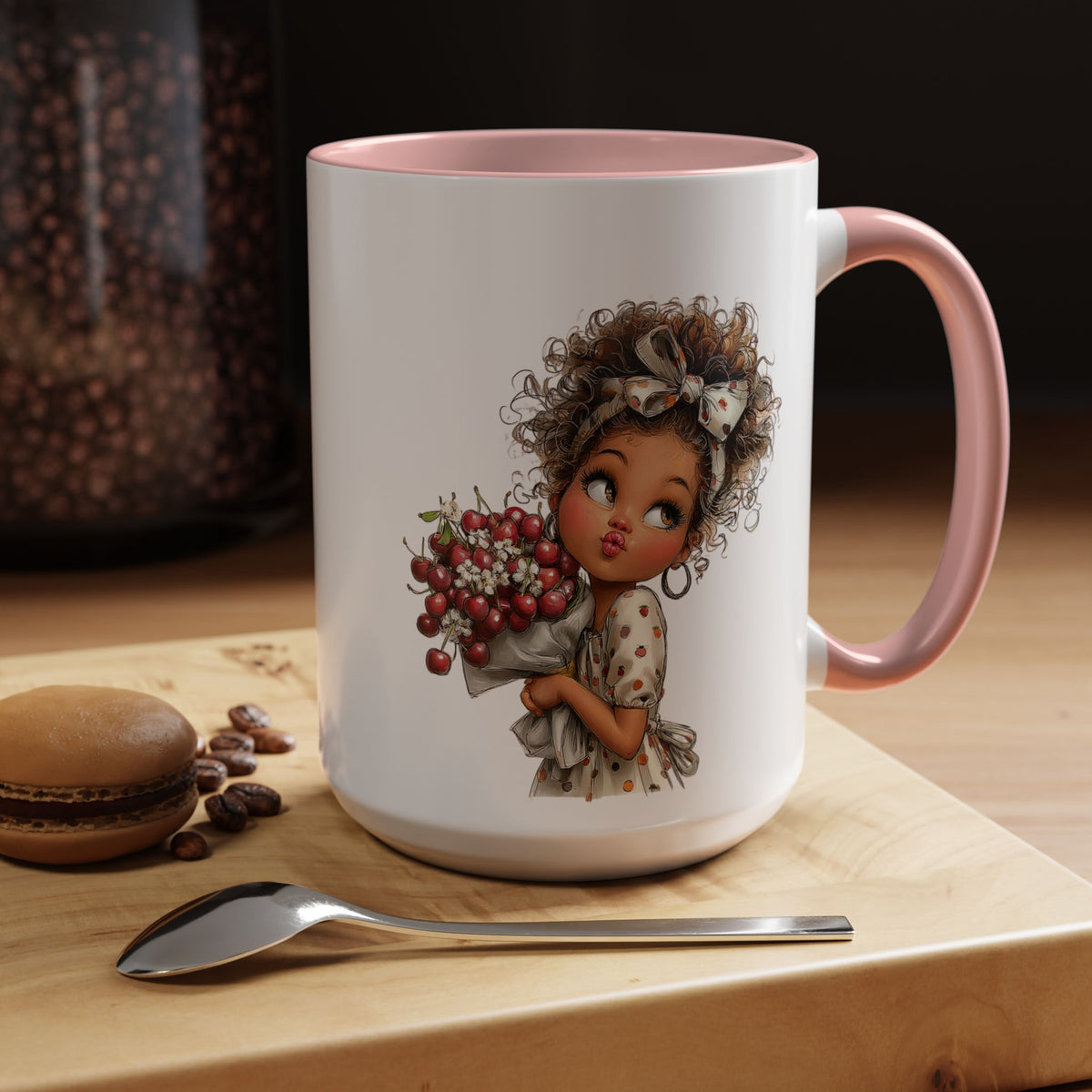 Cute Curly Girl with Berries Accent Mug