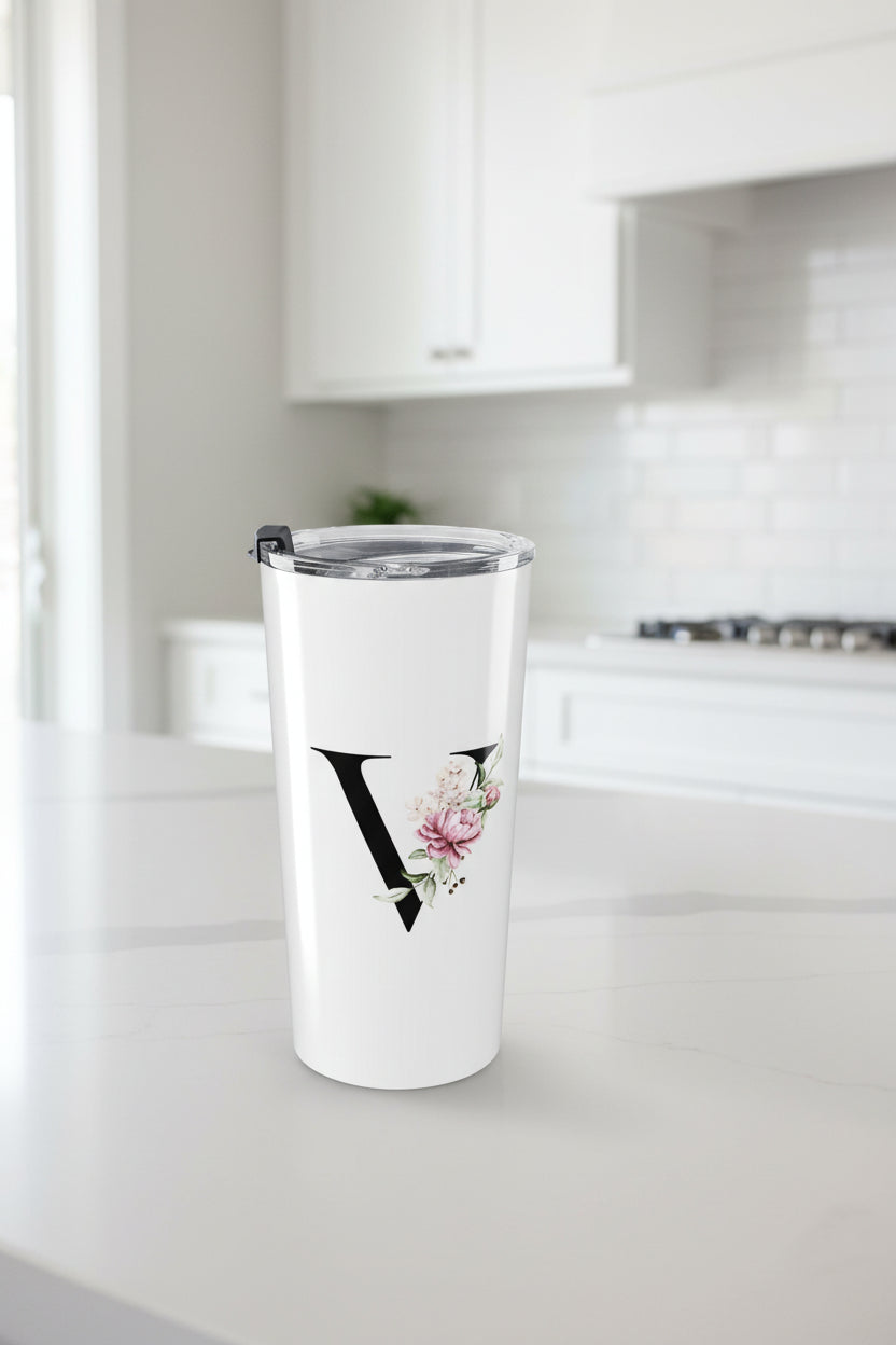 Elegant Letter "A-Z" Floral Monogram Tumbler 20oz
