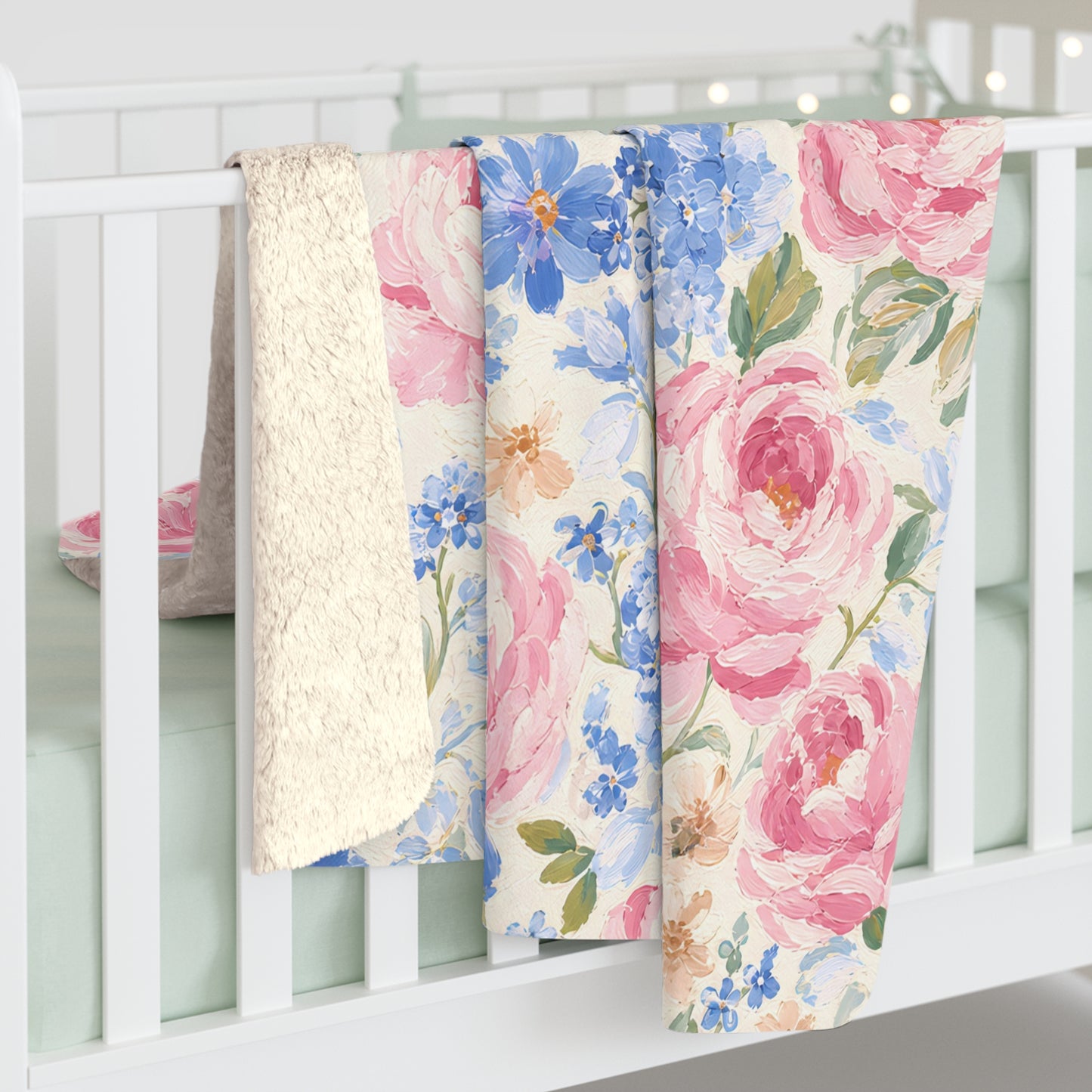 Cozy Vintage Pink Rose & Blue Hydrangea Sherpa Throw