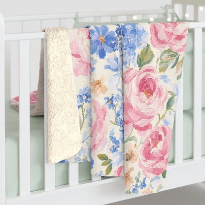 Cozy Vintage Pink Rose & Blue Hydrangea Sherpa Throw