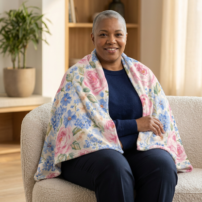 Cozy Vintage Pink Rose & Blue Hydrangea Sherpa Throw