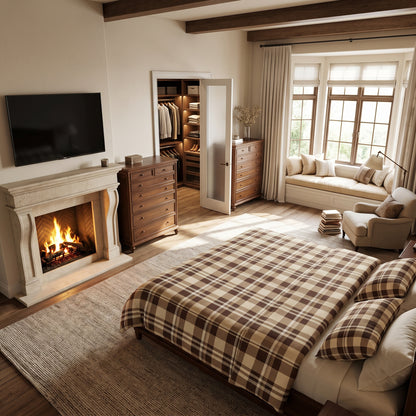 Classic Brown & Cream Plaid Cotton Duvet Cover Set