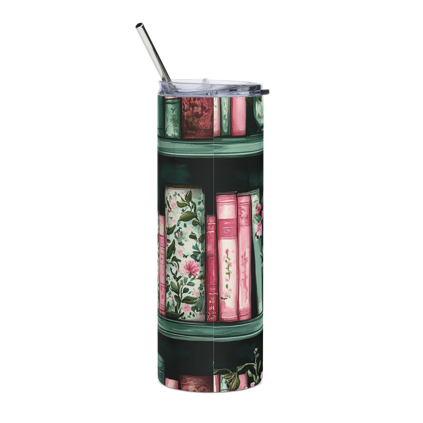 Pink Flowers & Vintage Books Stainless Steel Tumbler - 20oz