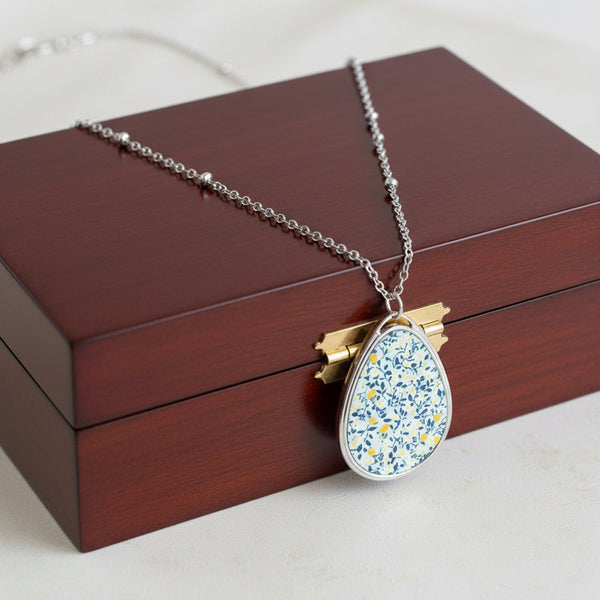 Blue & Yellow Pattern Floral Oval Teardrop Necklace