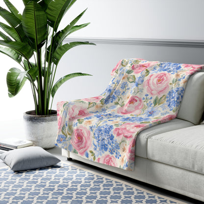 Cozy Vintage Pink Rose & Blue Hydrangea Sherpa Throw