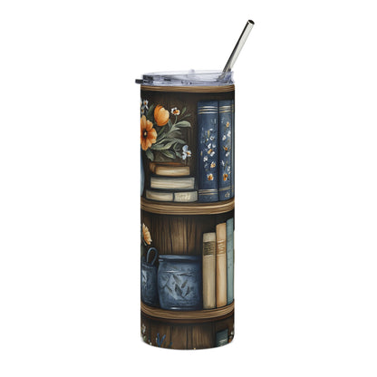 Cozy Floral Bookshelf Stainless Steel Tumbler - 20oz