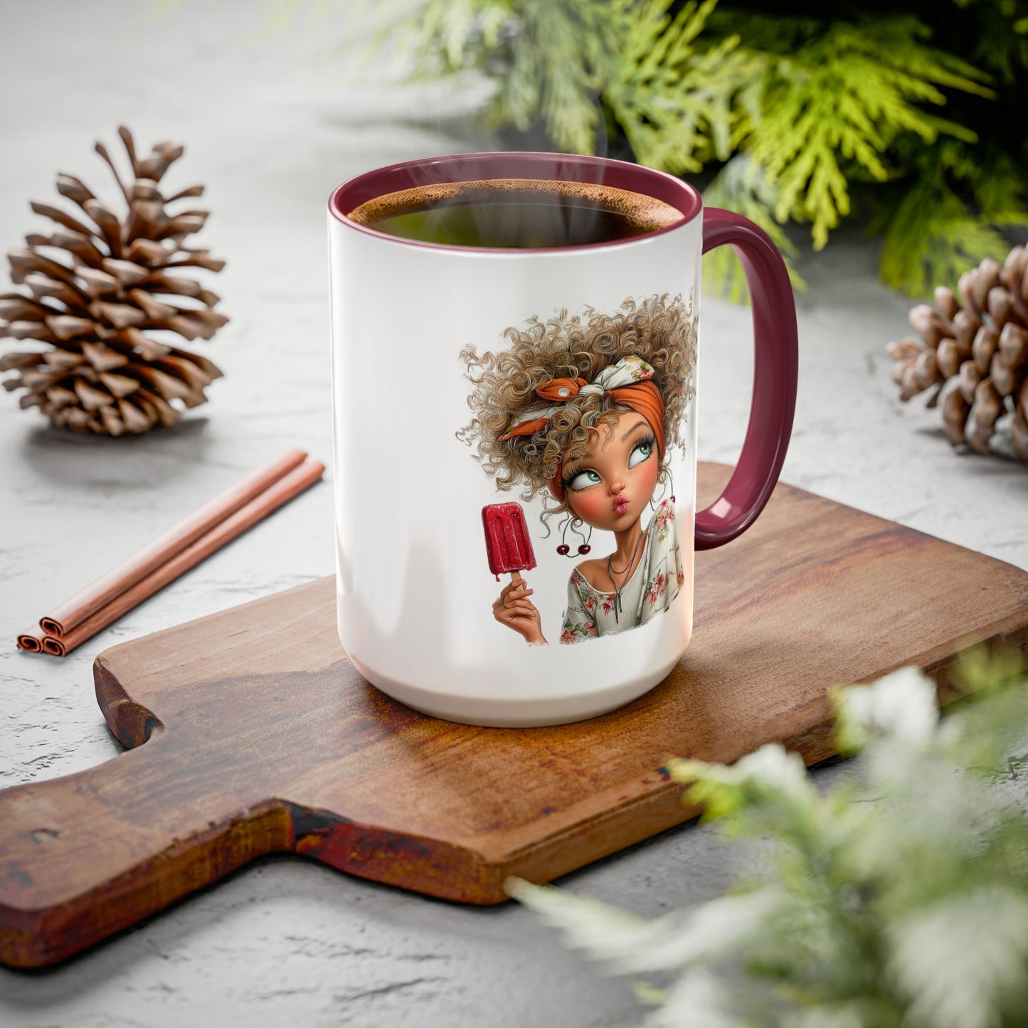 Cute Popsicle Illustrated Curly-Haired Girl Art Coffee Mug