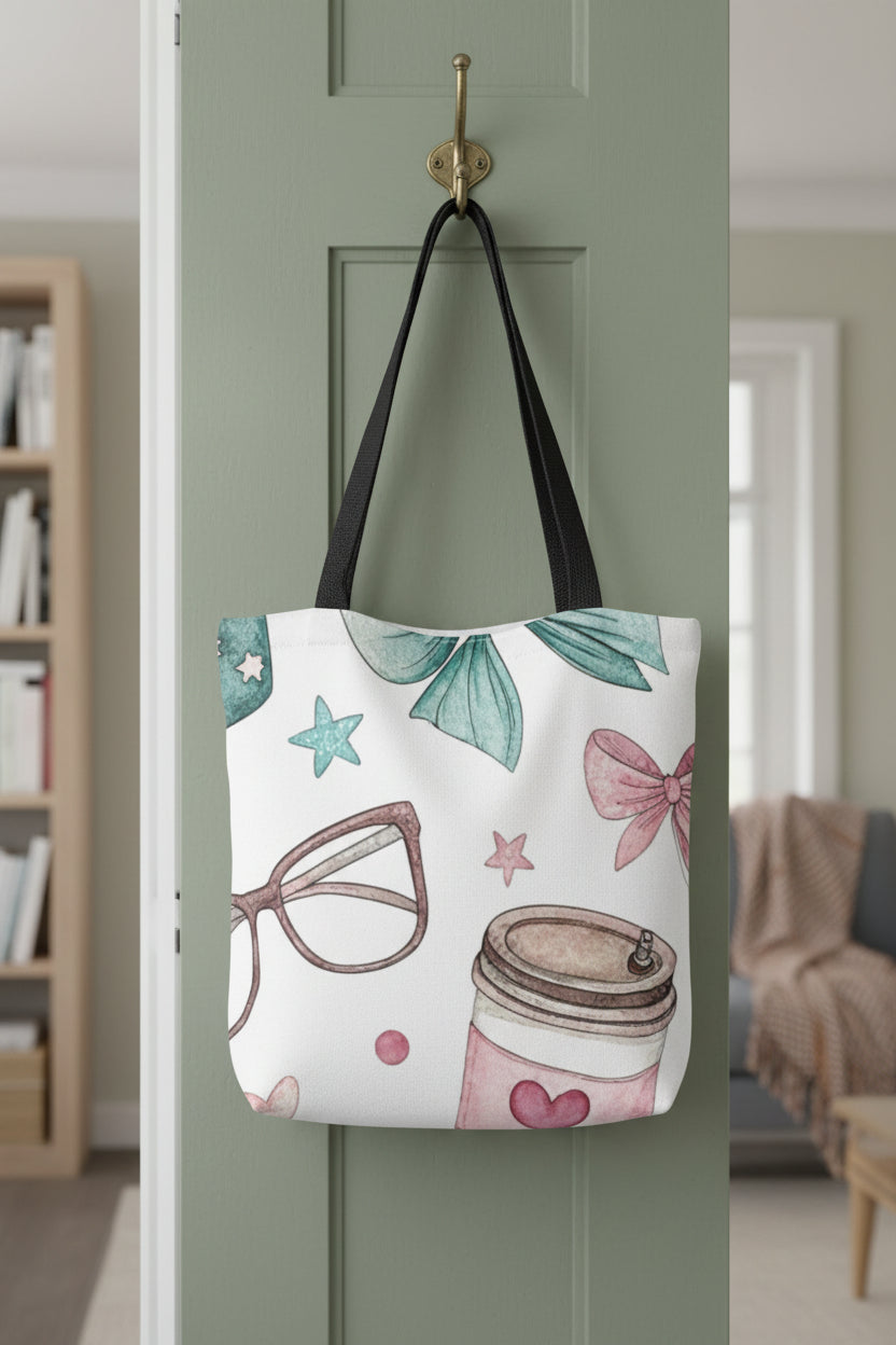 Cute Pastel Bow & Coffee Tote Bag