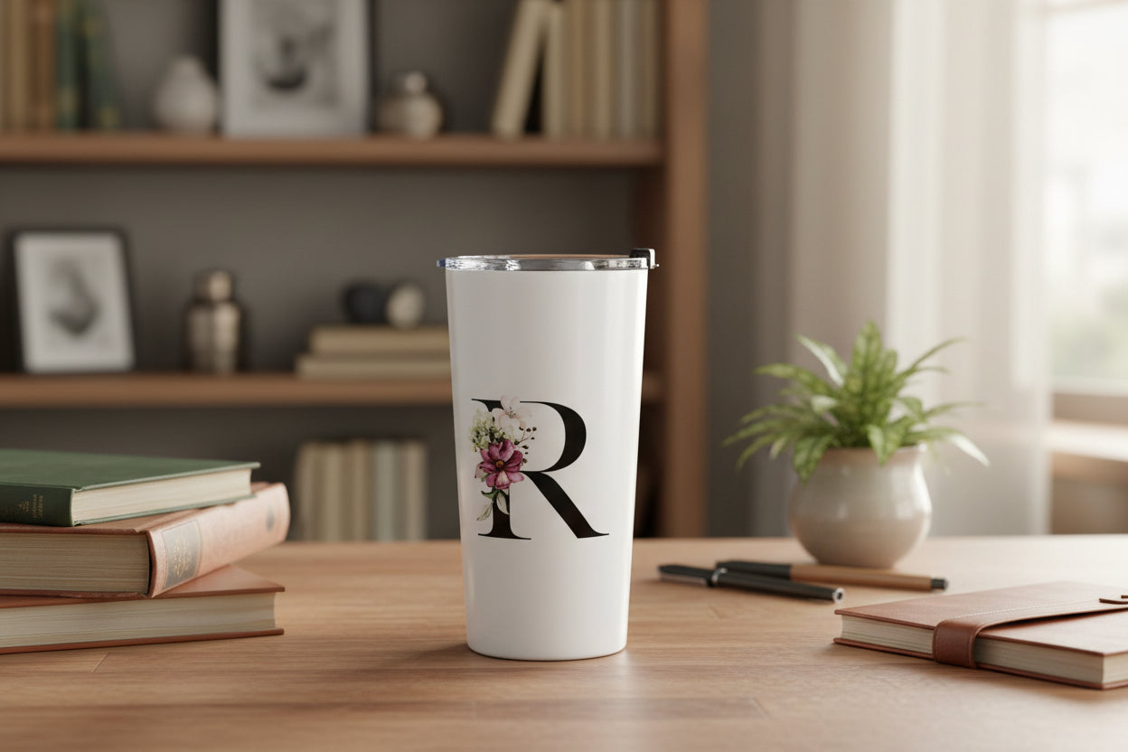 Elegant Letter "R" Floral Monogram Tumbler 20oz
