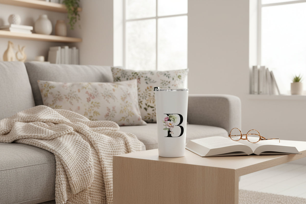Elegant Letter "A-Z" Floral Monogram Tumbler 20oz