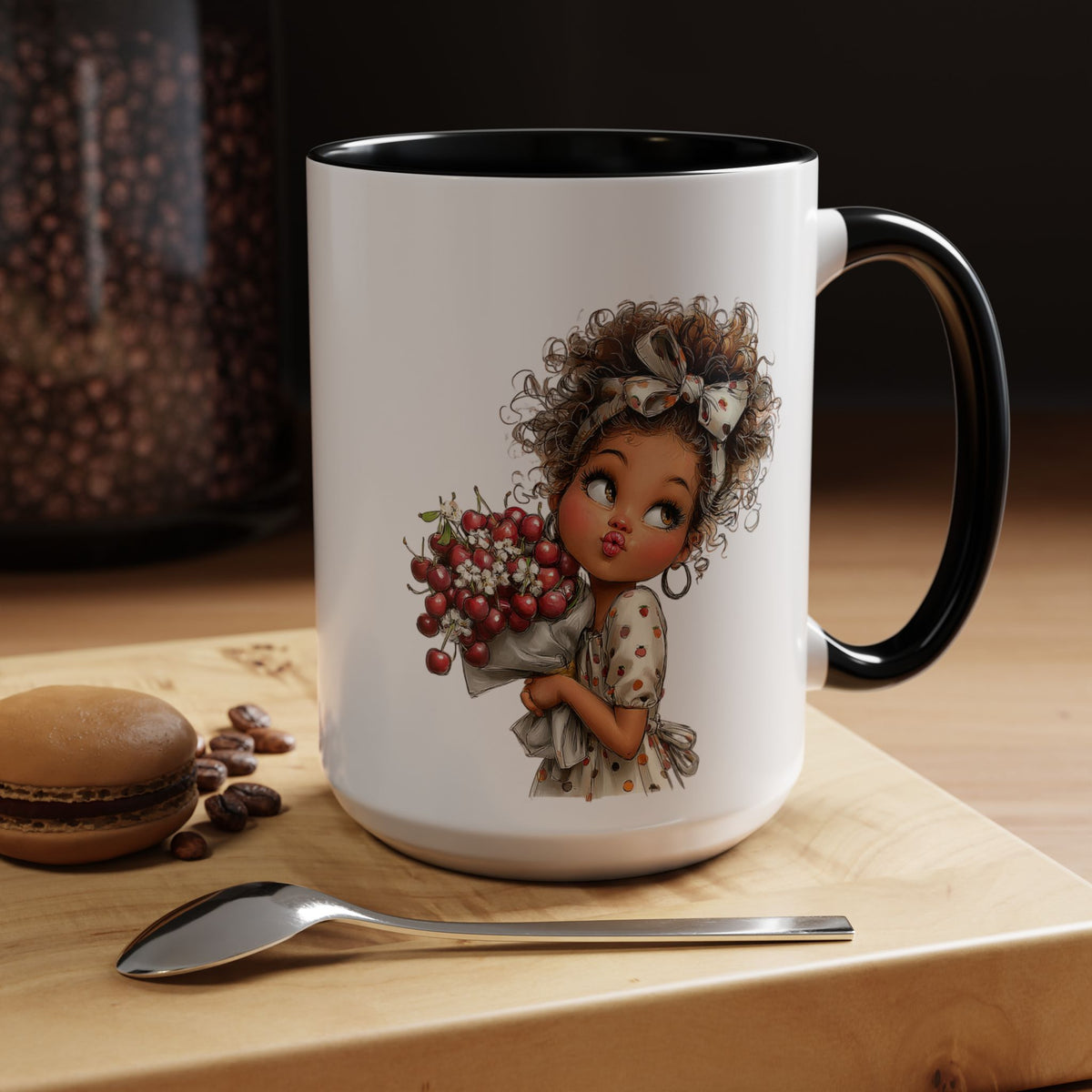 Cute Curly Girl with Berries Accent Mug
